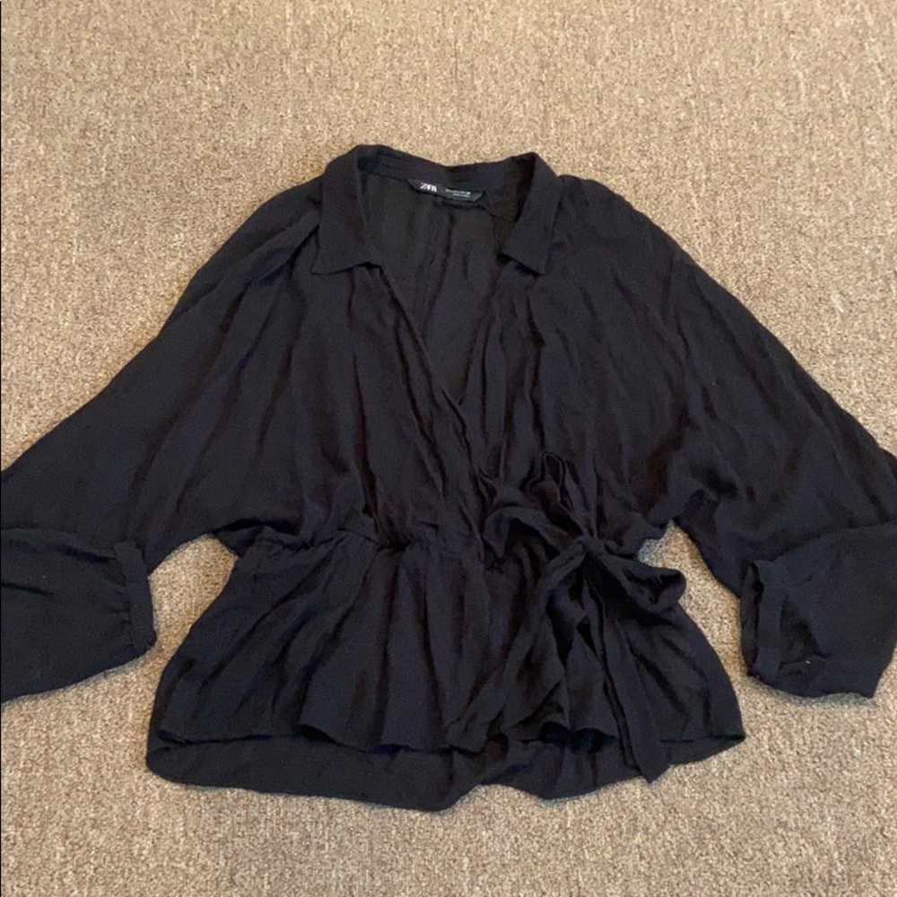 Zara Black Wrap Tie Blouse